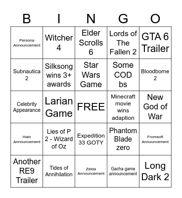 Game Awards Bingo Card Bingo Card