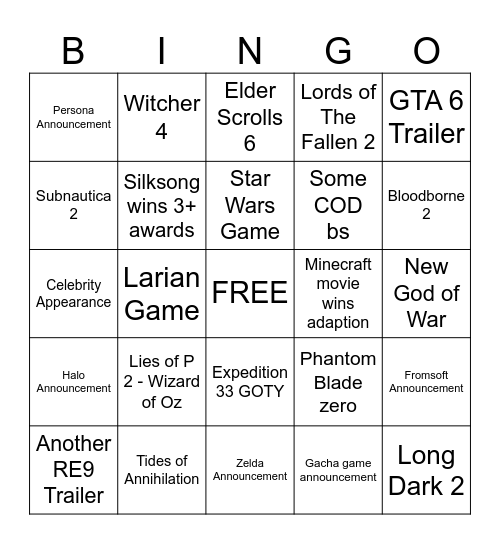 Game Awards Bingo Card Bingo Card