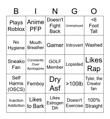 Official GOLF Cuck Bingo Card