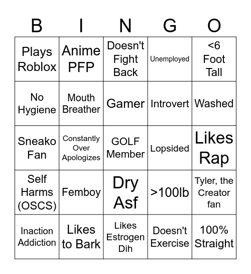 Official GOLF Cuck Bingo Card