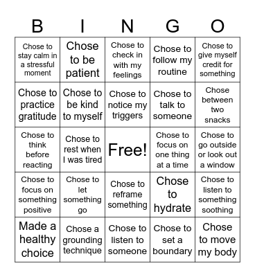 Making Choices Bingo Card