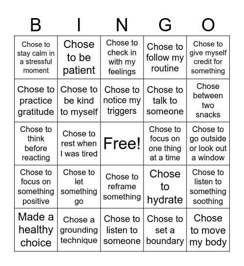 Making Choices Bingo Card