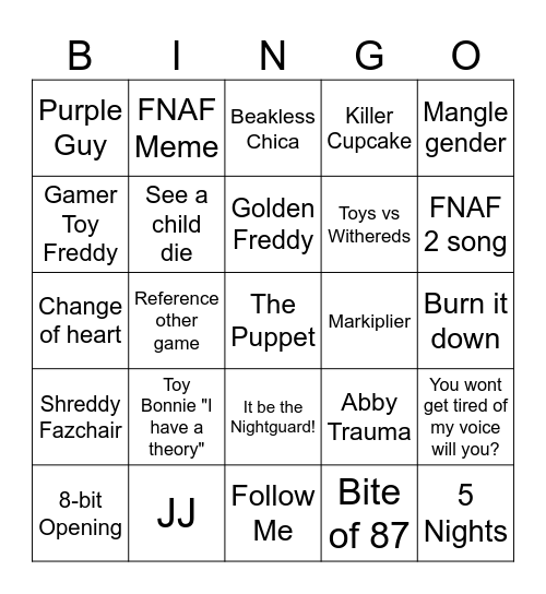 FNAF 2 BINGO Card