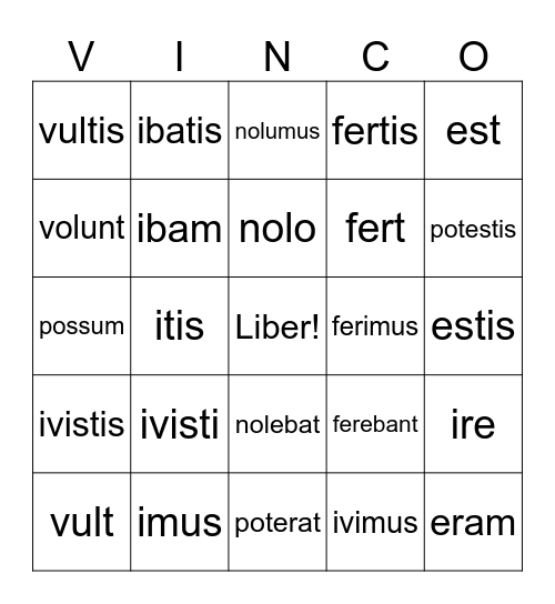 Latin Irregular Verbs Bingo Card
