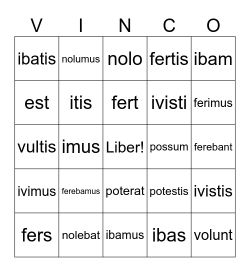 Latin Irregular Verbs Bingo Card