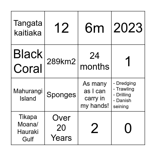 Hauraki Gulf Bingo Card