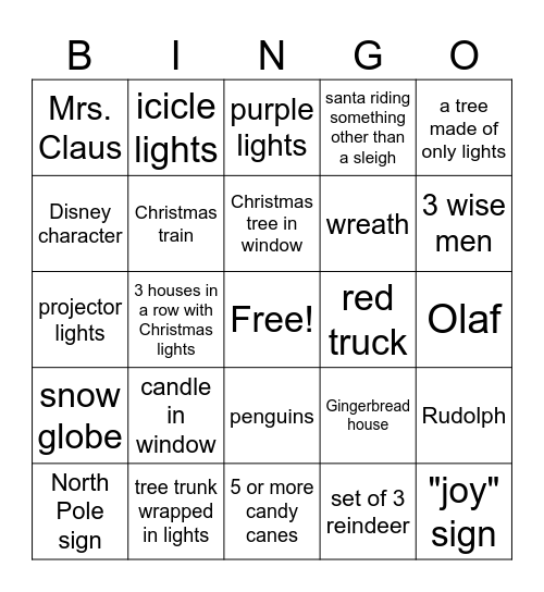 Holiday Lights BINGO Card