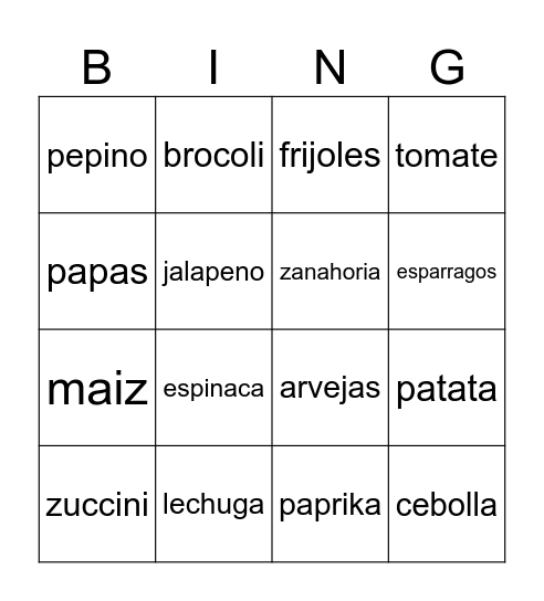 Vegetales Bingo Card