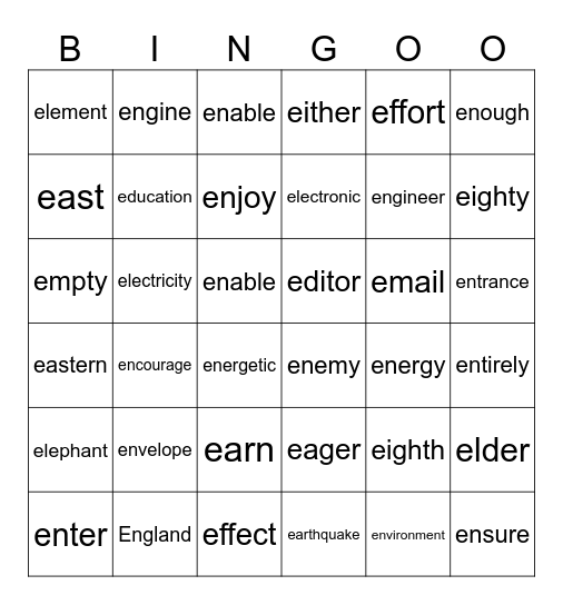 “E”前半 Bingo Card