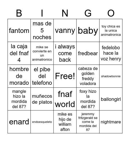bingo peli fnaf 2 Bingo Card