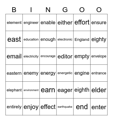 “E”前半 Bingo Card