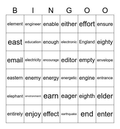 “E”前半 Bingo Card
