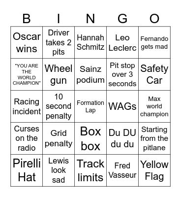 F1 2025 Bingo Card
