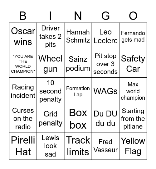 F1 2025 Bingo Card