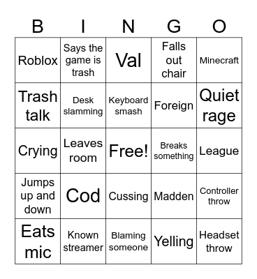 Gamer rage Bingo Card
