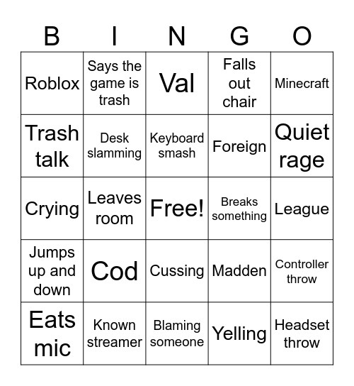 Gamer rage Bingo Card
