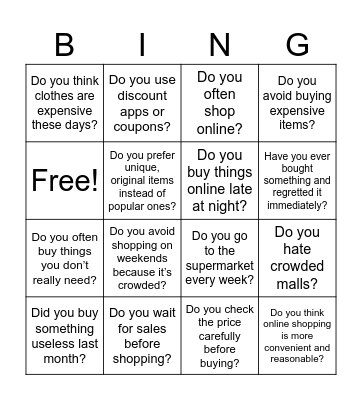 Shopping Bingo Card