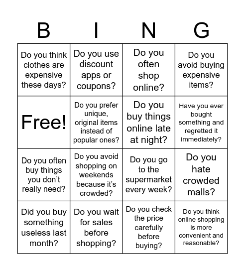 Shopping Bingo Card