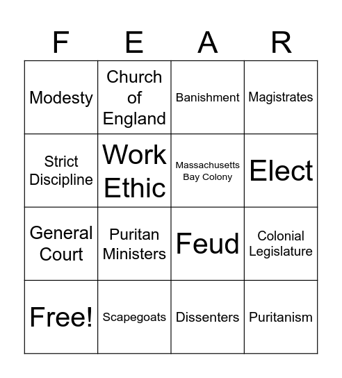 Puritan Panic Bingo Card