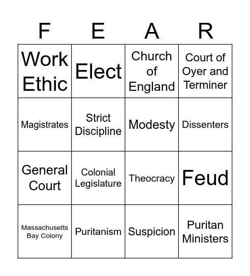 Puritan Panic Bingo Card