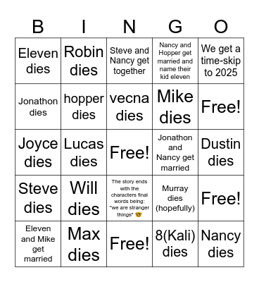 Stranger things bingo Card
