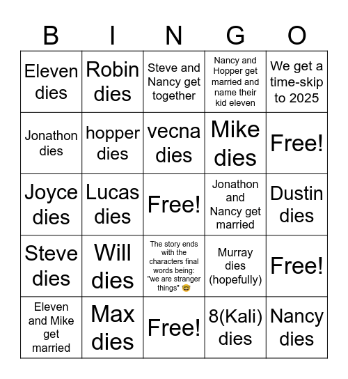 Stranger things bingo Card