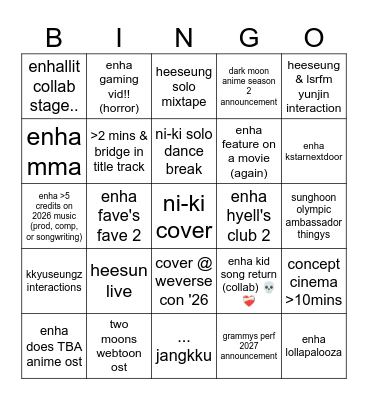 enhypen 2026 predictions Bingo Card