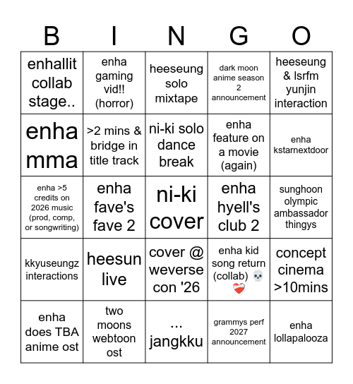 enhypen 2026 predictions Bingo Card