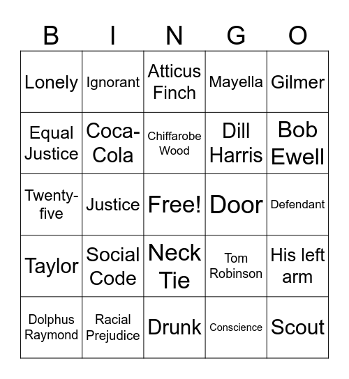 to kill a mockingbird Bingo Card