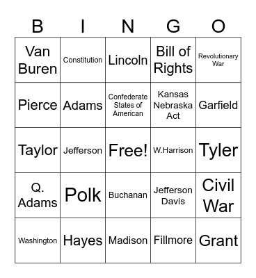 Presidents 1-20 Bingo Card