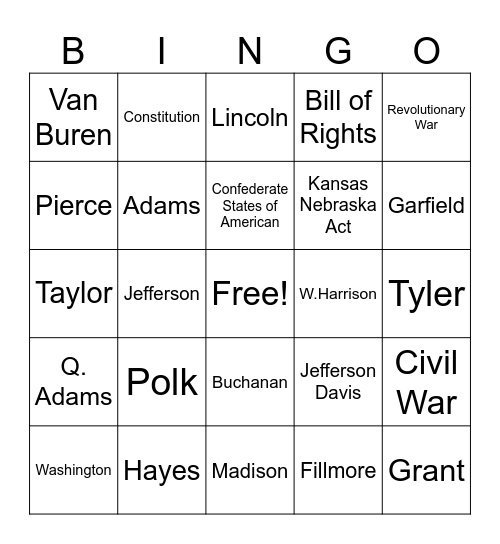 Presidents 1-20 Bingo Card