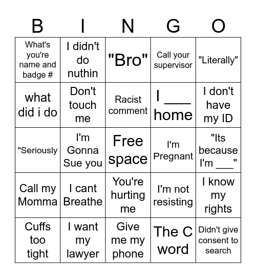 Entitled Dolts in traffic stop Bingo Card