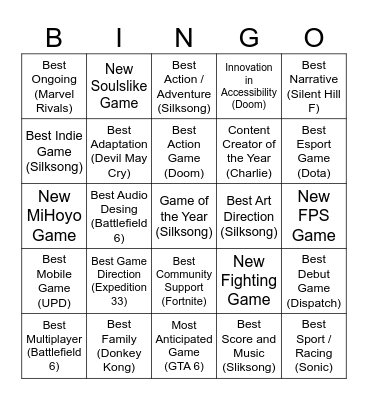 My Game Awards 2025 Bingo Card