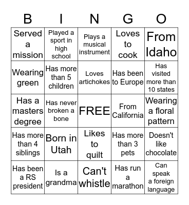 Relief Society Bingo Card