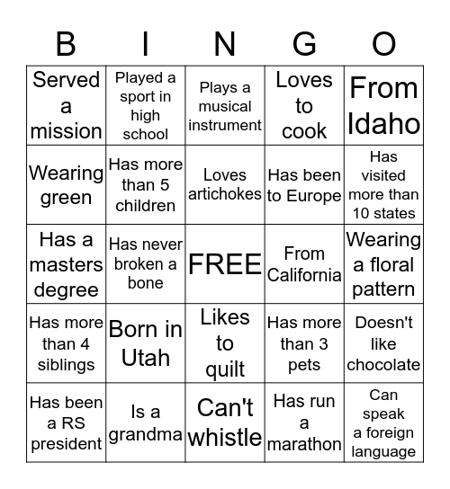 Relief Society Bingo Card