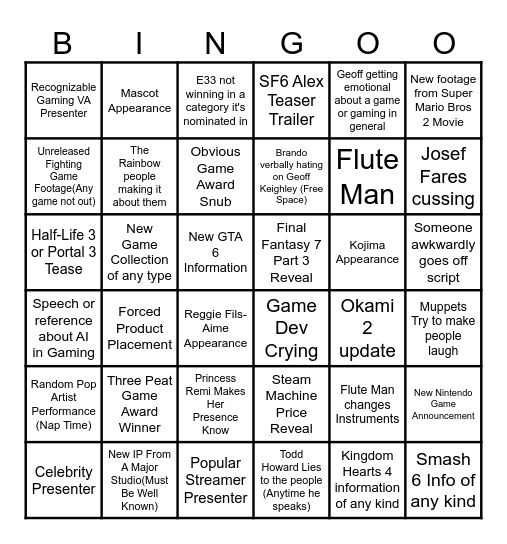 Game Awards Bingo Card