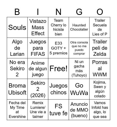 WISHLIST GOTY Bingo Card