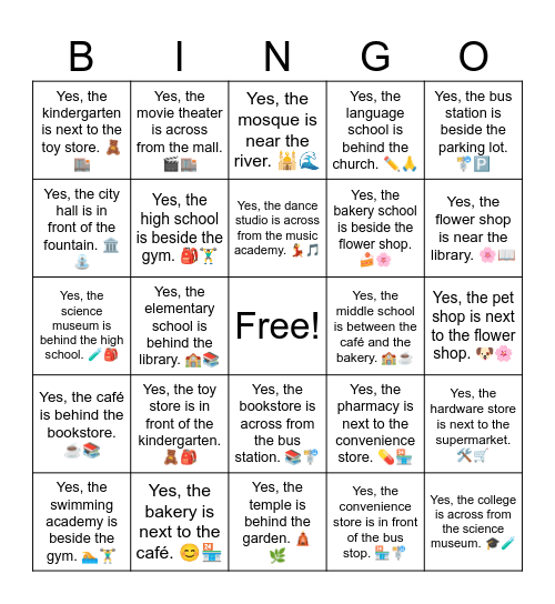 B19 L1 Yes, the kindergarten is next to the toy store. 🧸🏬 Bingo Card