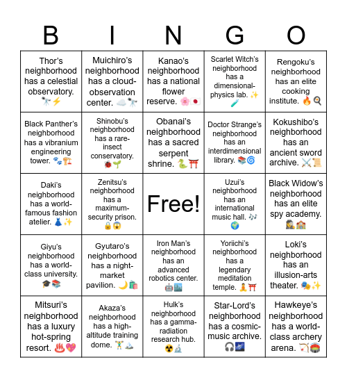 B19 L2 Hawkeye’s neighborhood has a world-class archery arena. 🏹🏟️ Bingo Card