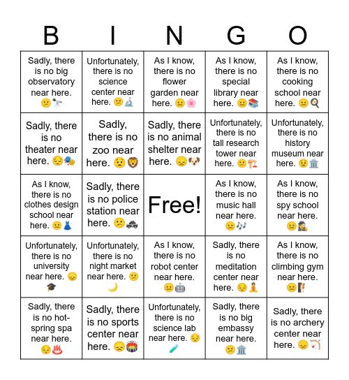 B19 L3 Sadly, there is no theater near here. 😔🎭 (easier) Bingo Card