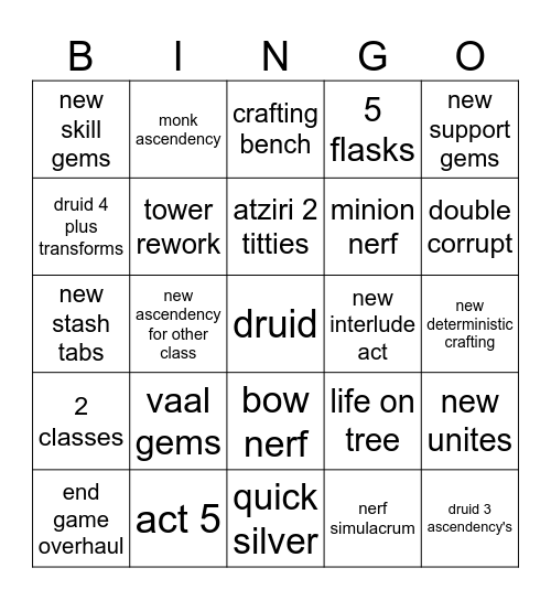 poe2 new update Bingo Card