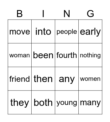 Heart words Bingo Card