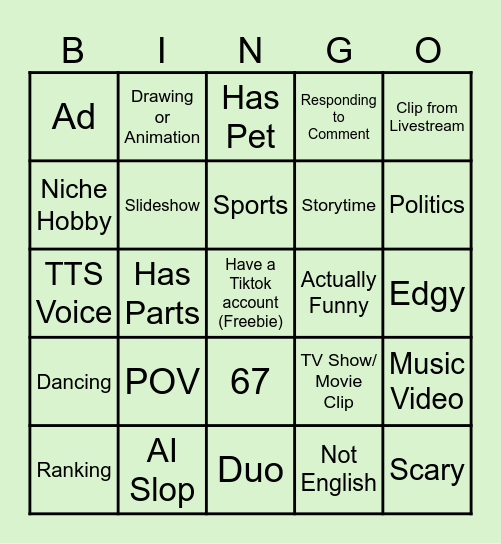 Tiktok Bingo Card