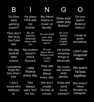 Minecraft, Roblox, Brainrot Bingo Card