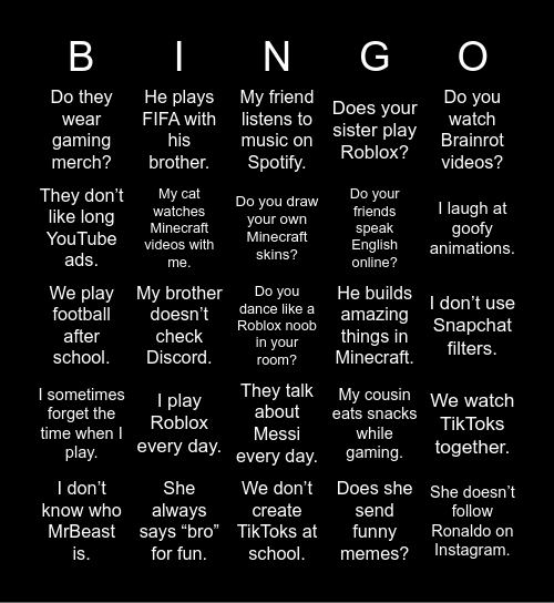 Minecraft, Roblox, Brainrot Bingo Card