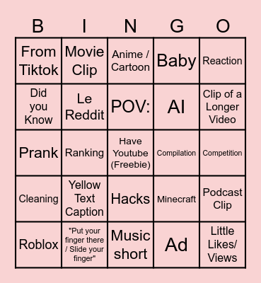 Youtube Bingo Card