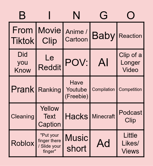 Youtube Bingo Card