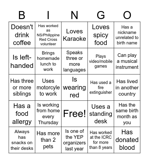 YEP, Bingo! Bingo Card