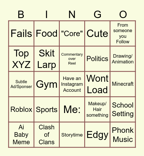Instagram Reels Bingo Card