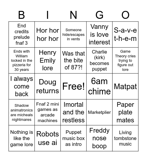 Fnaf 2 Bingo Card